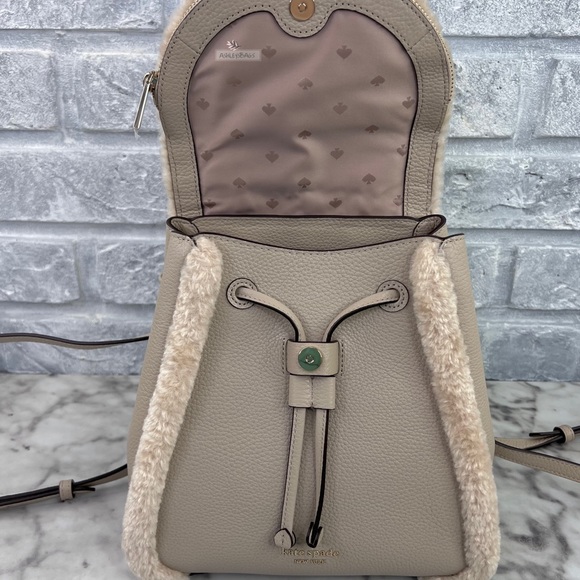 Kate Spade Leila Medium Flap Backpack Faux Shearling In Light Sand - Picture 7 of 11